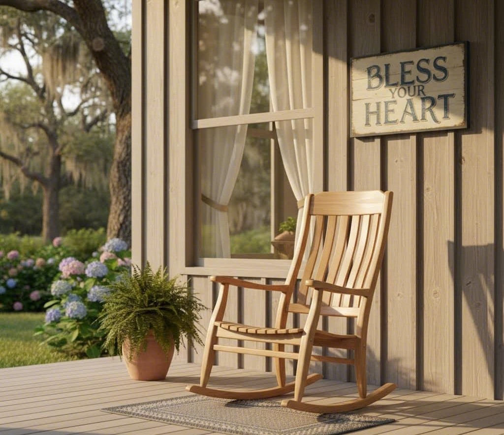 A wooden rocking chair on a Southern porch under a sign that reads Bless Your Heart