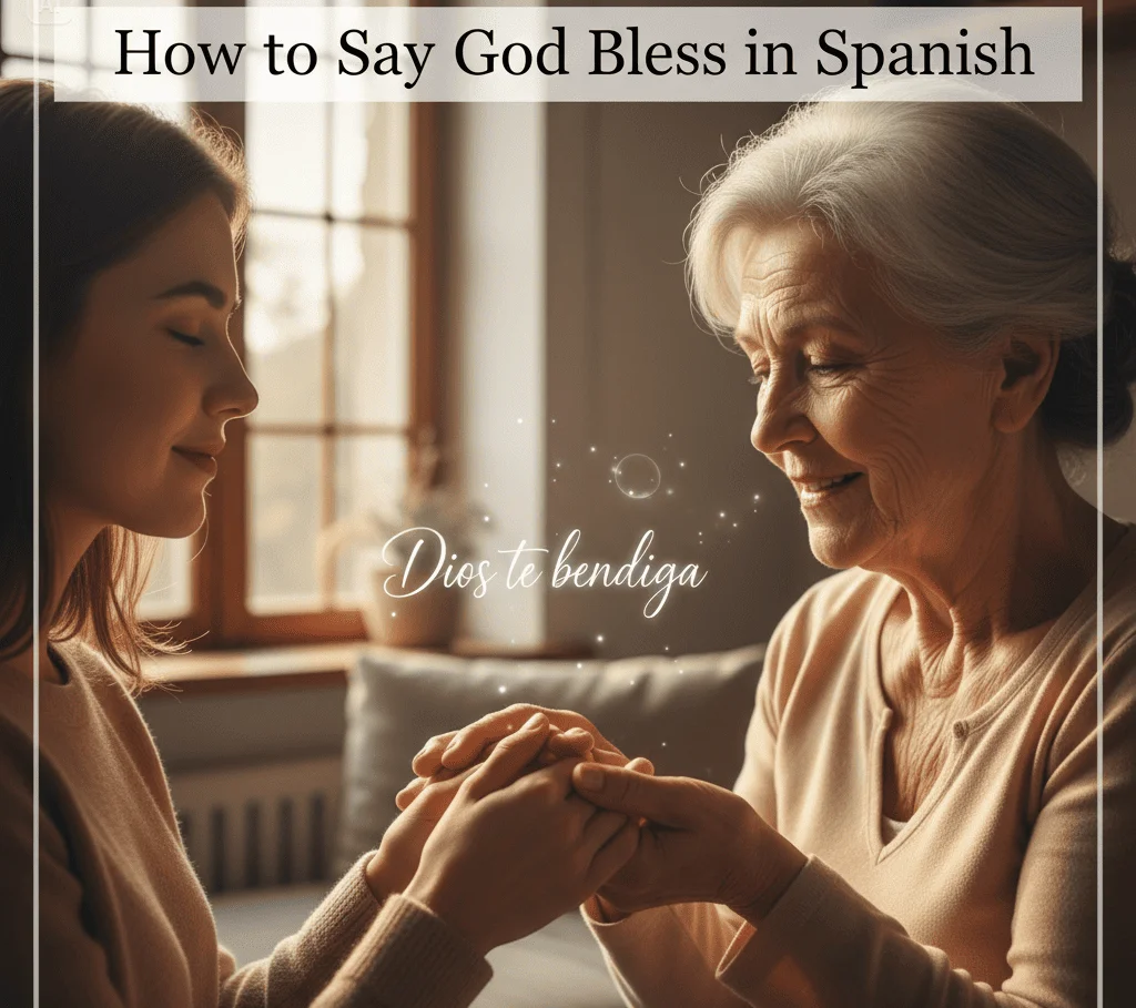 A young woman and an older woman holding hands, with the words How to Say God Bless in Spanish and Dios te bendiga