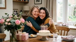 A smiling mother hugging her adult daughter at a birthday table with a cake, pink roses and a wrapped gift