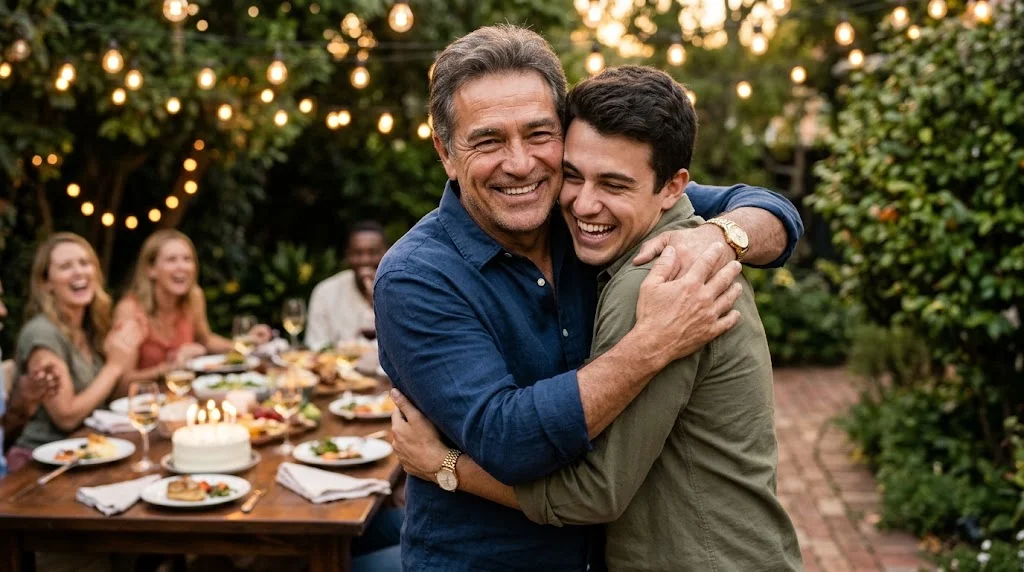 A proud father hugging his smiling adult son at an outdoor birthday dinner under string lights