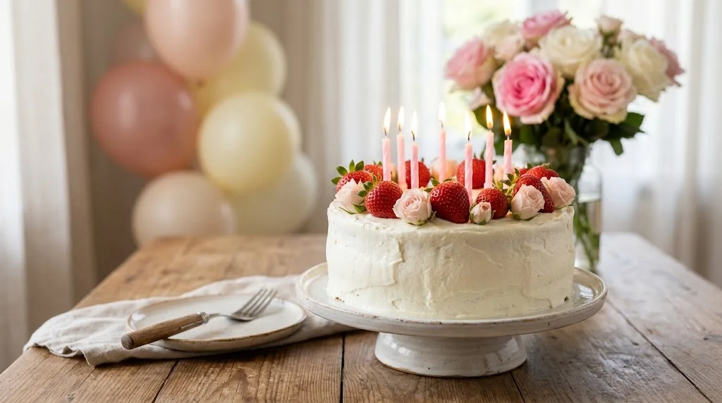 A white birthday cake topped with strawberries and lit candles, with pink flowers and pastel balloons behind