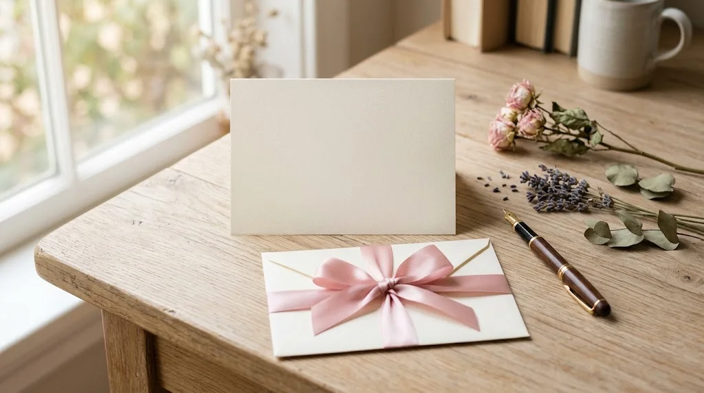 A blank cream card, an envelope tied with a pink ribbon, a fountain pen and dried flowers on a wooden desk