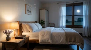 A calm bedroom at night with a glowing bedside lamp, a Bible and lavender on the nightstand, and a full moon through the window