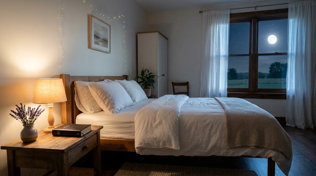 A calm bedroom at night with a glowing bedside lamp, a Bible and lavender on the nightstand, and a full moon through the window