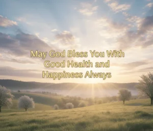 Sunrise over a green meadow with the words May God Bless You With Good Health and Happiness Always