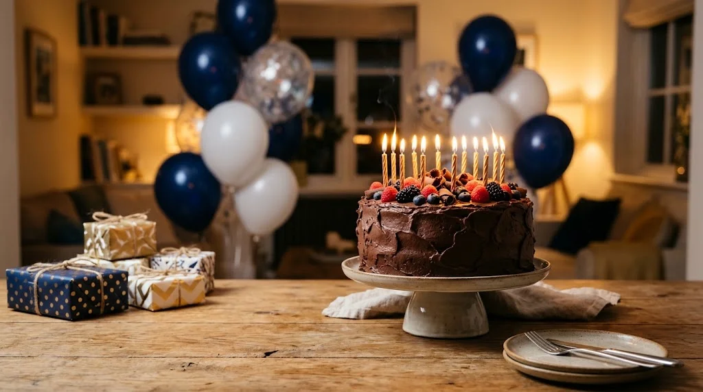 A chocolate birthday cake with lit candles, navy and white balloons and wrapped presents in a cozy room