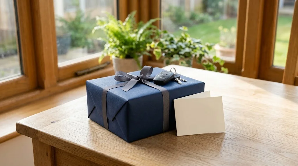 A navy wrapped birthday gift with a blank card and car keys on top, on a wooden table by a sunny window
