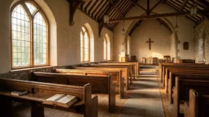 Morning sunlight shining through tall windows onto wooden pews and an open Bible in a quiet church on Sunday