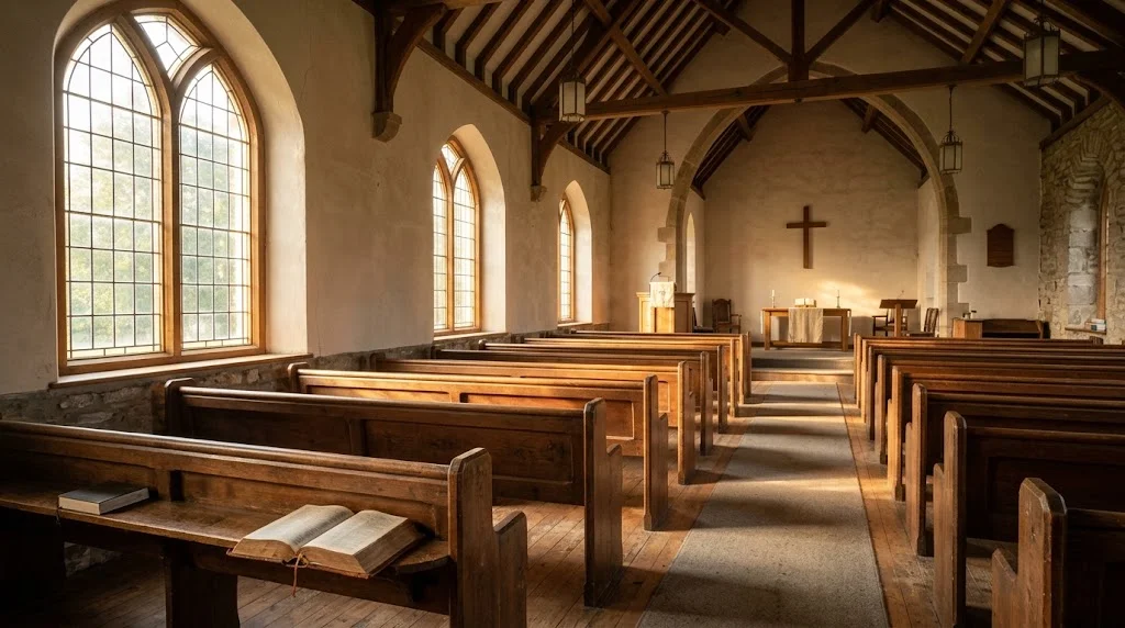Morning sunlight shining through tall windows onto wooden pews and an open Bible in a quiet church on Sunday